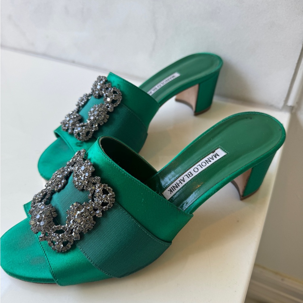 Manolo Blahnik Martanew Satin Crystal-Buckle Mule Sandals